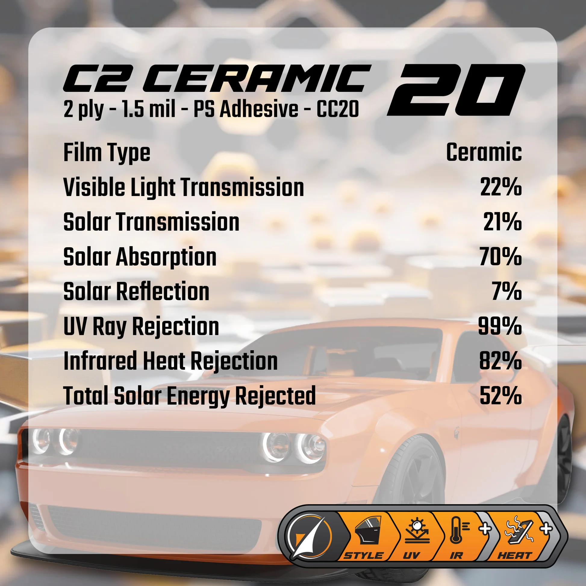 C2 Ceramic 20 automotive window film spec sheet showing 22% VLT, 99% UV rejection, 82% infrared heat rejection, and 52% total solar energy rejected with orange sports car background